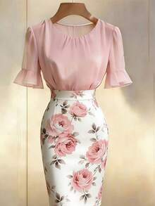 SHEIN LUNE 女士夏季雪纺喇叭袖上衣+印花修身半裙两件套，轻盈透气的面料，柔和的色调，适合春秋季通勤和约会穿着。优雅的修身半裙搭配雪纺上衣，采用隐形拉链设计，是女士度假休闲装、通勤套装、办公室套装、夏季套装、夏季两件套、夏季上衣、夏季半裙等多种选择。 - 粉色 - 查看 1