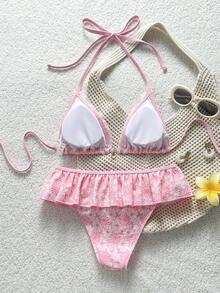 Swim Mod Women's Summer Beach Vacation Sweet And Cute Pink Floral-Textured Ruffled Bikini Set ,Two-Piece Swimsuit With Ribbon Bows - Pink - View 2
