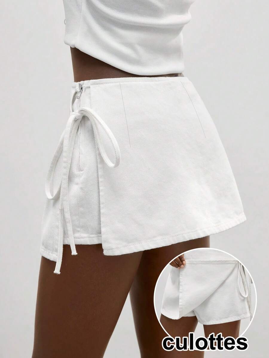 Maija Women's Casual Solid Color Tie-Up Denim Shorts, Summer Jorts - White - View 1