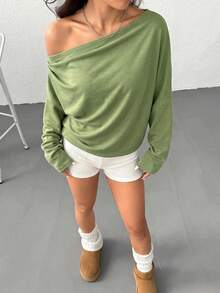 SHEIN EZwear 女款純色百褶不對稱領長袖上衣 - 軍綠色 - 查看 4