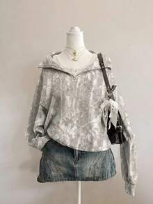 SHEIN EZwear 休閒極簡街頭風水洗效果樹枝迷彩印花輕量半拉鍊運動衫，適合秋冬春夏，運動風 - 彩色 - 查看 1