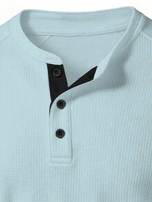 Manfinity Homme Men's Solid Color Button Half-Placket Raglan Long Sleeve T-Shirt - Blue - View 4