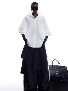 LYSMO Women's Solid Color Drop Shoulder Single-Breasted Casual High-Low Hem Shirt - White - View 5