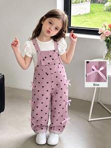 SHEIN Playful Pals 幼女幼童燈芯絨吊帶連身褲，春秋冬季款，可愛甜美風，大蝴蝶結設計，粉色，寬鬆直筒褲腿，柔軟舒適，適合日常穿著、上學、通勤、外出 - 粉色 - 查看 5