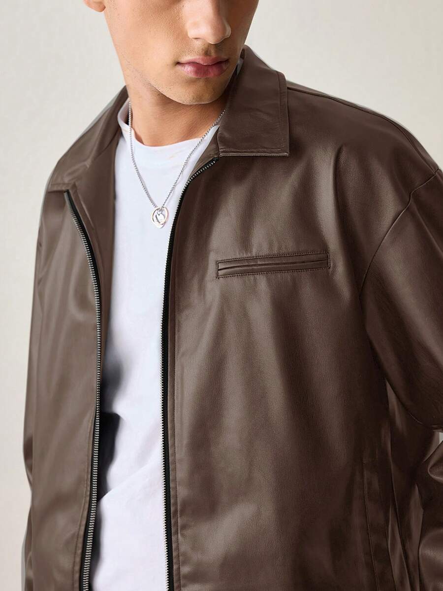 SWAVVY Men's Woven Fashion Casual Young PU Leather Fitted Long Sleeve Jacket - Brown - View 1
