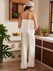 Lullawish Set Piyama Wanita Gaya Bohemian Santai Kasual dengan Kancing Jacquard dan Hiasan Rumbai Berongga, Model Camisole - Putih - View 2