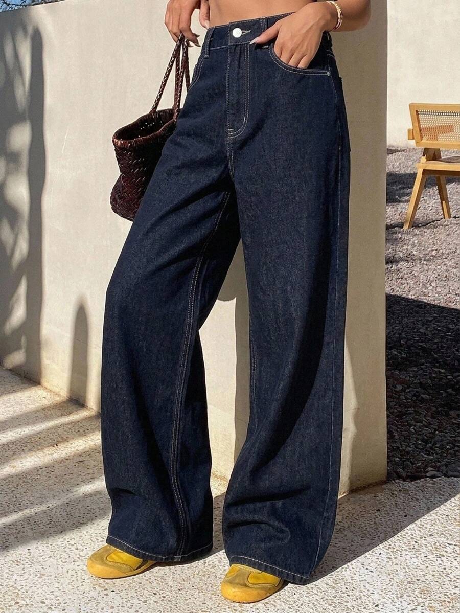 DAZY Solid Color Slant Pocket Casual Versatile Wide Leg Jeans - Navy Blue - View 1