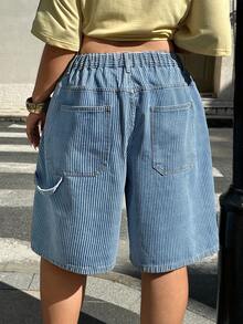 Rivivi Plus Size Women Y2K Striped Print Denim Shorts - Blue and White - View 2