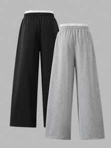 SHEIN 2pcs/Pack For Tween Girls, Wide Leg Sweatpants, Casual Basic Fashion, Suitable For All Seasons Autumn Winter - Grey - View 2