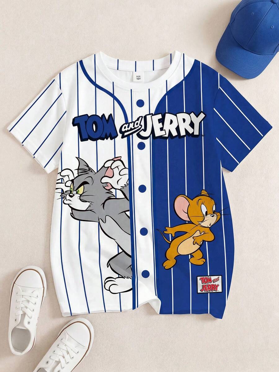 TOM & JERRY X SHEIN Tween-Jungen Lässiges Sommer-T-Shirt mit Farbblock-Streifen und Cartoon-Grafik - Weiss - Übersicht 1