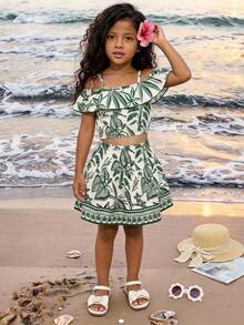 SHEIN Playful Pals 夏季女孩百搭時尚度假風花卉印花荷葉邊上衣 & A字裙 2件套 - 綠色 - 查看 2