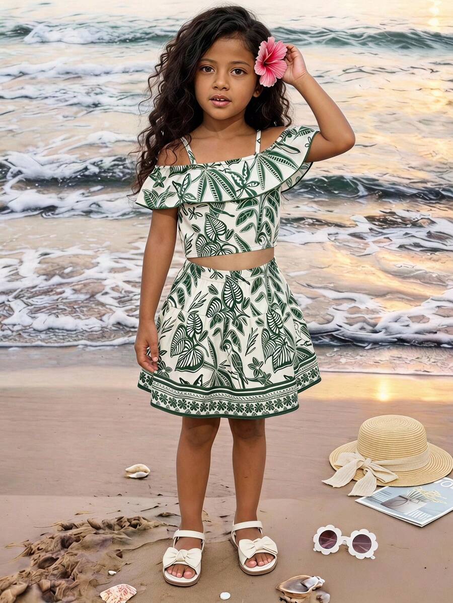 SHEIN Playful Pals 夏季女孩百搭時尚度假風花卉印花荷葉邊上衣 & A字裙 2件套