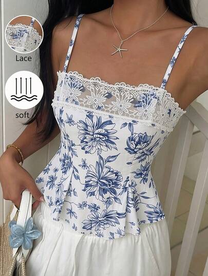Elyressa Women's Summer Elegant Floral Print Lace Patchwork Camisole