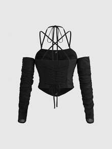 ROMWE Dark Sexy Deconstructed Strappy Ruched Off-Shoulder Top Plus Size Women's Blouse - Black - View 2