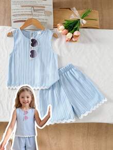 SHEIN Genkimix Kids 女童 2 件組極簡休閒日常穿著 梭織波浪皺褶背心與短褲套裝，適合夏季涼爽穿搭 - 藍色 - 查看 11
