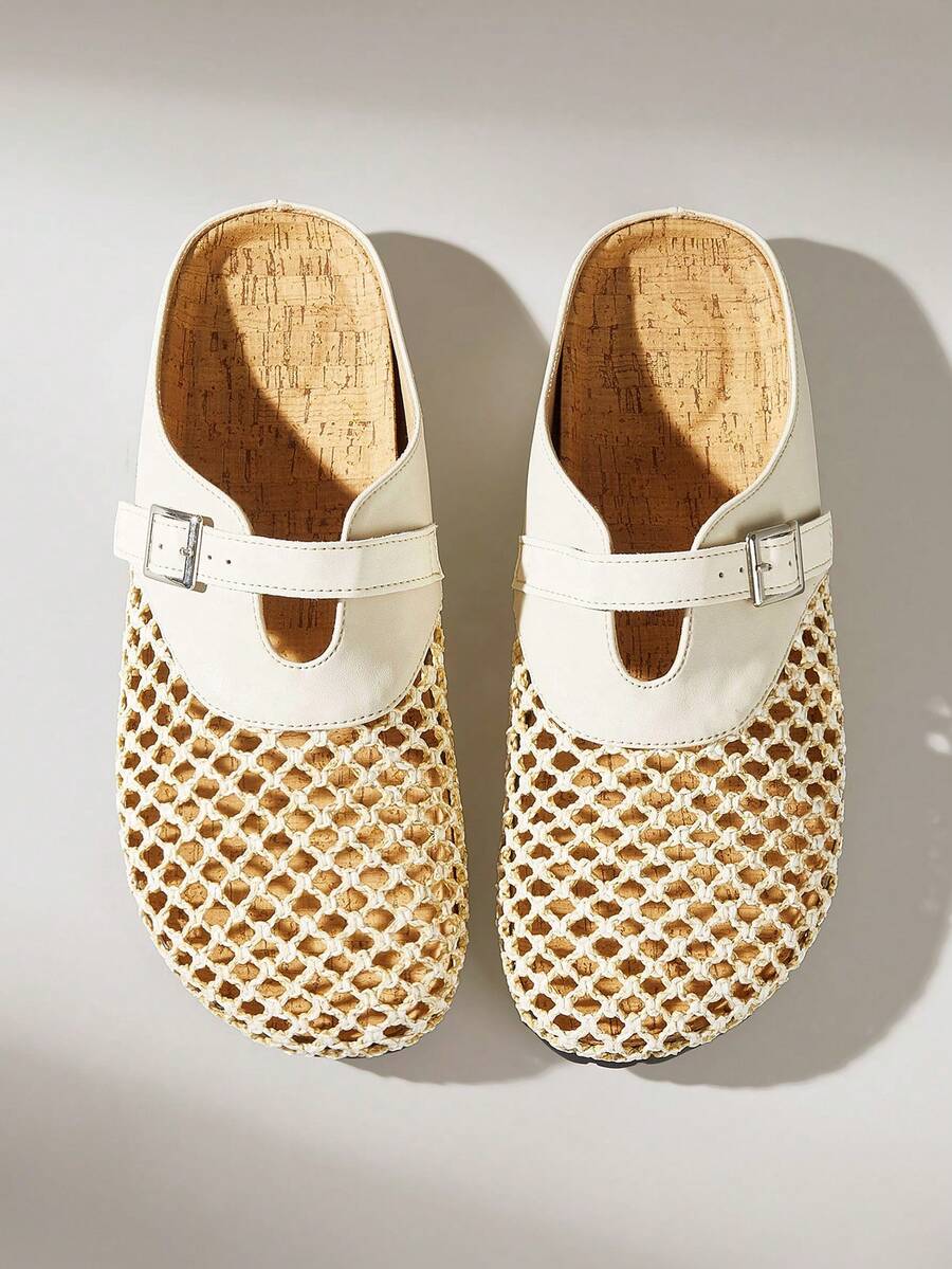 Solecia Spring And Summer New Woven Mat Mesh, Splicing With Decoration, Round Toe Design, Slip-On Heel, Comfortable And Simple Vacation, Women's Flats, A Must For Commuting, Casual And Versatile - apricot leather - View 1