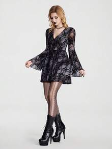 Breakform Gothic Goth Halloween Sexy Romantic Lace Flocked-Print Short Dress With Blurred Rose Pattern Bell-Sleeve Mini Night Grey Autumn - Black - View 4