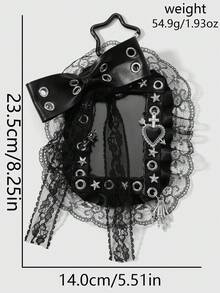 ROMWE Goth 1款獨特哥德風黑色鉚釘氣體眼翅膀蝴蝶結骷髏蝙蝠愛心十字架玫瑰卡套DIY鑰匙圈包包吊飾節日禮物 - 黑色-40 - 查看 16