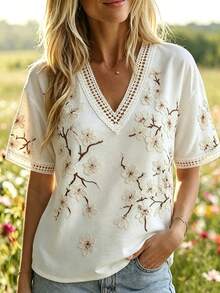 Selamara New Women's Casual Loose Slimming Lace V-Neck Printed Short Sleeve Blouse - White - View 3