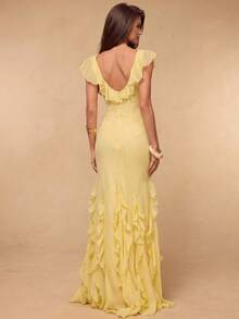 SHEIN BAE Spring/Summer Women's Yellow Ruffle V-Neck A-Line Exquisite Split Insert Ruffle Hem Sexy Elegant Mini Dress, Suitable For Party, Vacation, Banquet, Wedding, Evening Out, Romantic Date - Light Yellow - View 2