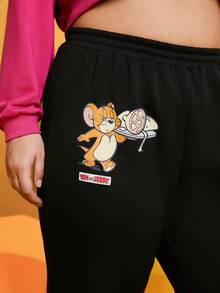 TOM & JERRY X SHEIN 加大碼卡通印花短上衣和運動褲套裝 - 玫紅色 - 查看 7