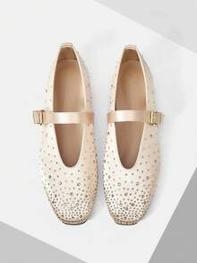 MOTF PREMIUM WOMEN'S COMMUTING CASUAL COMFORTABLE VERSATILE MARY JANE SQUARE TOE DIAMOND FLAT SHOES FOR CHRISTMAS - Champagne - View 1