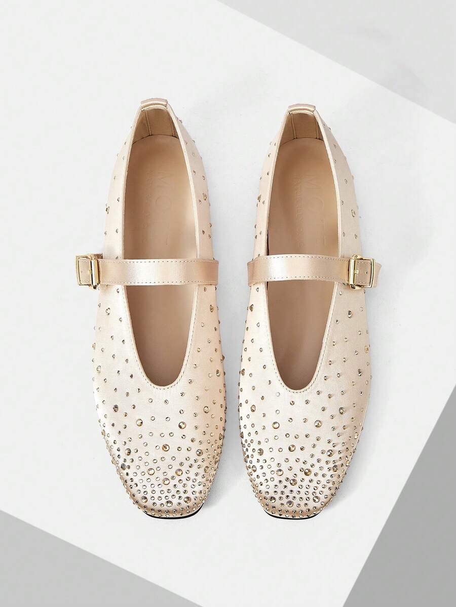 MOTF PREMIUM WOMEN'S COMMUTING CASUAL COMFORTABLE VERSATILE MARY JANE SQUARE TOE DIAMOND FLAT SHOES FOR CHRISTMAS - Champagne - View 1