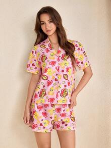 LOONEY TUNES X SHEIN Women's Cartoon Pattern Short Sleeve Single-Breasted Top And Shorts Pajama Set - Baby Pink - View 5