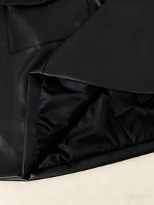 Franclia Falda de línea A de piel de PU con diseño de botones y bolsillos de unicolor para mujer - Negro - Ver 3