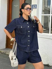 Rivivi Festival Plus Size Women's Summer Blue Non-Stretch Denim 2 Pieces Set - Dark Wash - View 6