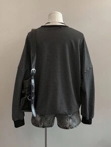 SHEIN EZwear 秋季新款電影熱門蜘蛛印花極簡黑白條紋落肩寬鬆女款衛衣，秋季上衣，適合日常通勤、派對、秋冬/夏季、聖誕節、新年、感恩節、派對、婚禮、海灘、畢業典禮、優雅、外出、約會、通勤、情人節、優雅、度假、Y2K、畢業 - 彩色 - 查看 2