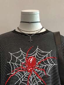 SHEIN EZwear 秋季新款電影熱門蜘蛛印花極簡黑白條紋落肩寬鬆女款衛衣，秋季上衣，適合日常通勤、派對、秋冬/夏季、聖誕節、新年、感恩節、派對、婚禮、海灘、畢業典禮、優雅、外出、約會、通勤、情人節、優雅、度假、Y2K、畢業 - 彩色 - 查看 3