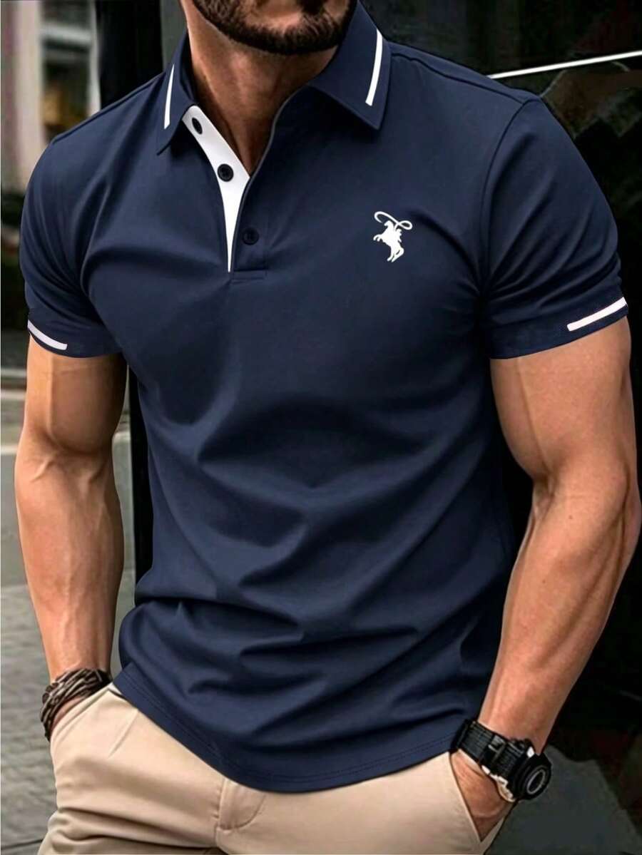Calvornis 男士騎士印花休閒百搭日常穿著短袖 Polo 衫 - 藏蓝色 - 查看 1