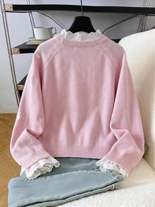 SHEIN 少女休閒蕾絲飾領愛心圖案秋冬毛衣 - 粉色 - 查看 2