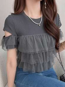FRIFUL 女款夏季休閒網格拼接荷葉邊飾 T-shirt 校園風 - 灰色 - 查看 5