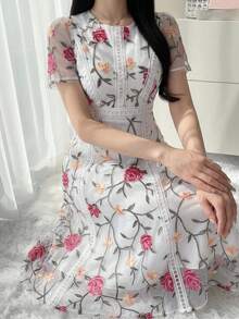 DAZY Elegant Lace Trim Short Sleeve Dress, Youthful And Refined, Suitable For Formal Occasions Sundress - White - View 10
