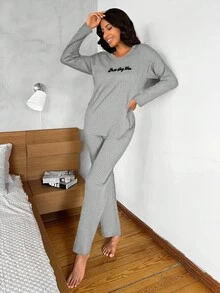 EURMUSE Set homewear con slogan tejido de canalé - Gris - Ver 3