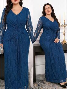Modelyn Plus Size Elegant Party Solid Color Lace Dress - Blue - View 1