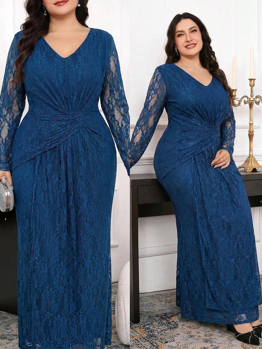 Modelyn Plus Size Elegant Party Solid Color Lace Dress - Blue - View 1