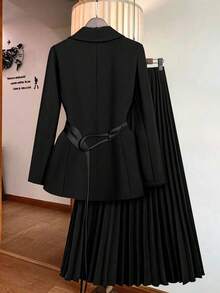 Franclia Vintage Inspired Casual Chic Loose Textured Khaki Women Suit Set For Autumn/Winter Fall Cloth For Women - Black - View 2