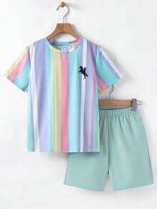 Kids Tween Boy Street Style Casual Loose Sports Racing Letter Print Crew Neck Short Sleeve T-Shirt And Shorts 2-Piece Set, Suitable For Commuting, School, Daily Casual Outings, Sports, Spring And Summer - Blue - View 4