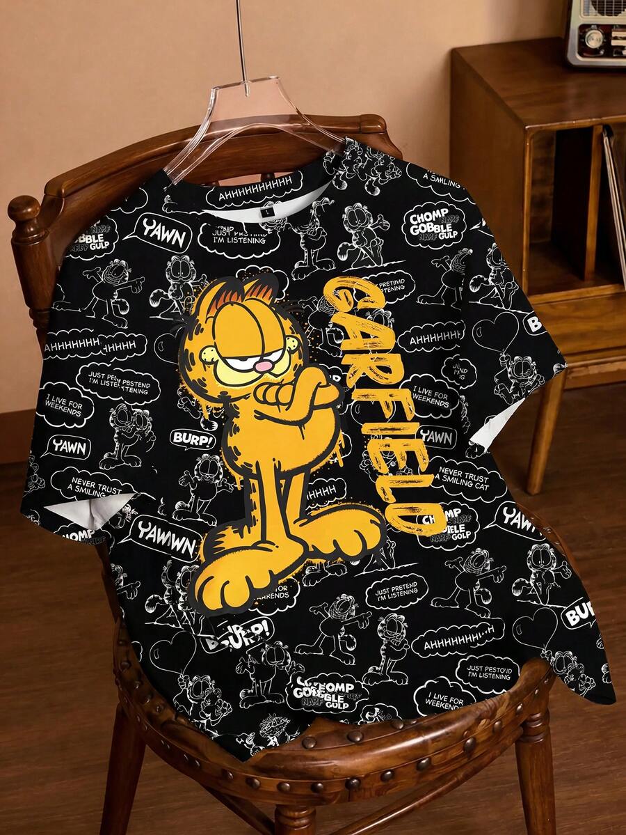 GARFIELD | SHEIN 女款夏季休閒卡通印花T恤 - 白色 - 查看 1