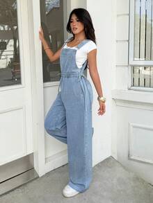 Rivivi Overall Denim Cuci Serut Kasual Serbaguna Fashion Warna Biru Muda untuk Perjalanan Musim Panas - Light Wash - View 8