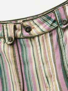 Nöista Multicolour Vertical-Stripe Wide-Leg Trousers With Front Patch Pockets. Everyday Outfits, Casual, College, Day-To-Night, Fall, Autumn, Winter. - Pink - View 13