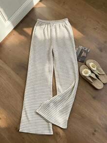 White Textured Floral Pattern Pants With Shirred Waist, Fashionable Minimalist Versatile Comfortable, Suitable For Outings, Relaxation, Vacation, Travel, Etc., For Summer And Autumn - White - View 5