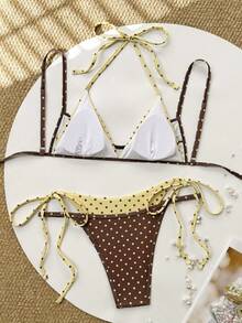 Swim Vcay 2件/套 女款夏季海灘套裝，多色隨機印花肩帶上衣 & 比基尼泳褲，2合1泳裝套裝 - 彩色 - 查看 2
