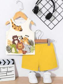 SHEIN Playful Pals 男婴两件套服装，可爱动物印花圆领无袖背心+纯色短裤套装，适合夏季外出穿着 - 彩色 - 查看 3
