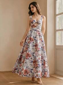 Anewsta Spring/Summer New Elegant Vintage Floral Print Spaghetti Strap Dress With Waist, Chest And Neckline Design, Cinched Waist, Long Maxi Full Skirt For Women - Red - View 5