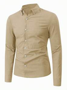 Manfinity Mode Men Spring & Summer Solid Color Long Sleeve Casual Formal Shirt, For Fall Cotton, Ceremony - Camel - View 3