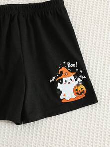 SHEIN 2pcs Baby Boy Summer Winter Halloween Cute Cartoon Pattern Short Sleeve Shorts Set, Pumpkin Set, Halloween Set, Infant Set, Orange Set, T-Shirt Set - Multicolor - View 6